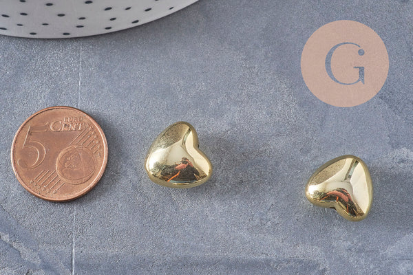 Gold-plated plastic domed heart-shaped bead, 13x15mm, x10 VALID
