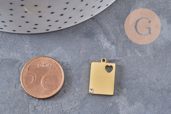 Pendentif rectangle coeur acier 304 inoxydable 304 doré à graver avec zircon 18.5mm, x1 (G11028)