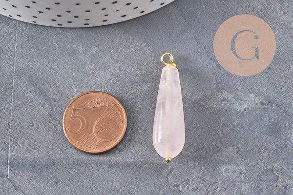 Pendentif goutte quartz rose naturel laiton & acier doré 38mm, x1 (G11052) VALIDE