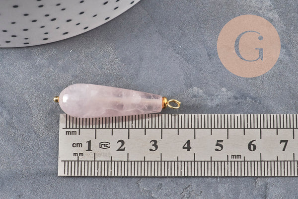 Pendentif goutte quartz rose naturel laiton & acier doré 38mm, x1 (G11052) VALIDE