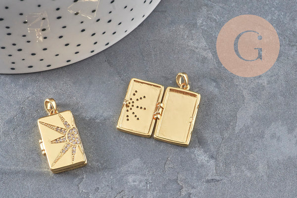 Pendentif locket rectangle laiton doré 18K étoiles zircons 23.5mm, x1 (G11042)