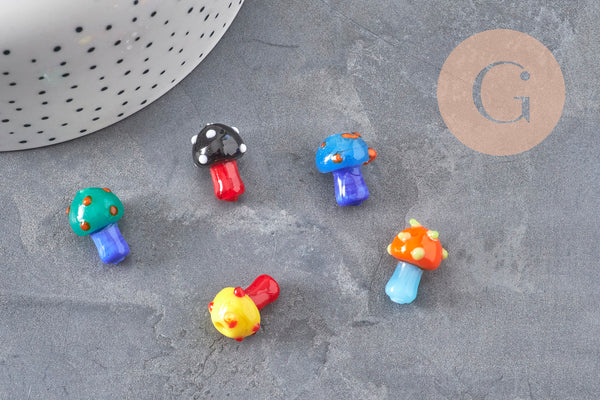 Pendentif champignon en verre tchèque multicolore 15mm, x5 (G11059)