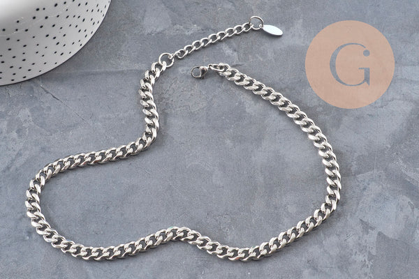 Collier Chaine maille cubaine diamantée acier inoxydable platine 9mm/41cm, x1 (G11055) VALIDE