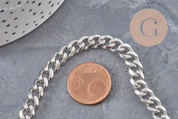 Collier Chaine maille cubaine diamantée acier inoxydable platine 9mm/41cm, x1 (G11055) VALIDE