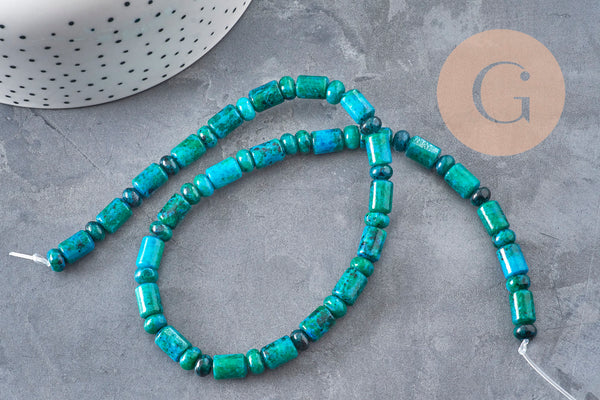 Perle tube en chrysocolle naturelle verte 6x3-9mm, x1 fil de 38cm (G1221)