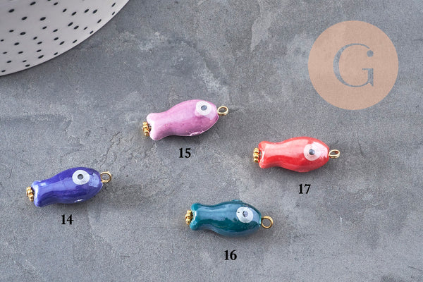 Pendentif poisson porcelaine multicolore Acier 304 inoxydable doré 25mm, x1 (G9816)