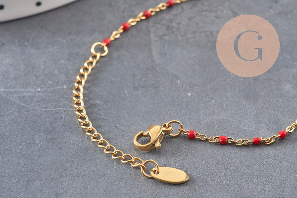 Bracelet Chaine 14k fantaisie résine rouge acier inoxydable doré 2mm/23cm, x1 (G1361)