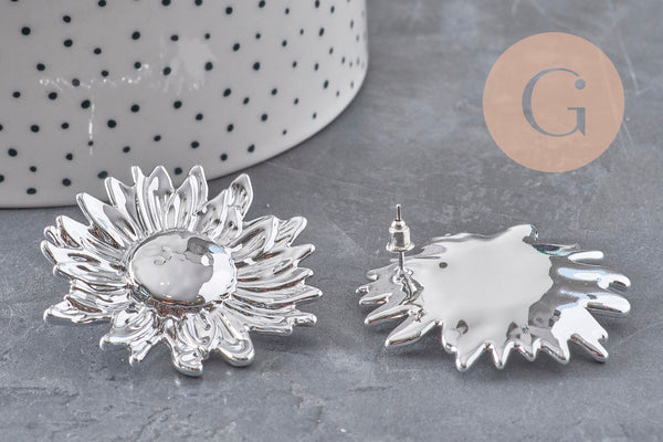 Boucles fleur tournesol XXL zamac doré ou platine 50mm, la paire (G9654)