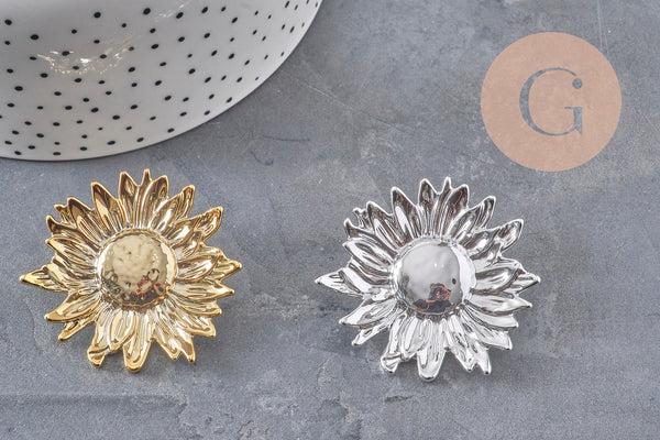 Boucles fleur tournesol XXL zamac doré ou platine 50mm, la paire (G9654)