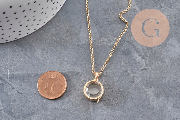 Collier locket rond porte-photo verre laiton doré 18K, x1 (G11087)