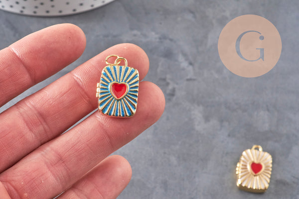 Pendentif locket rectangle cœur porte-photo laiton doré 18K émaillé 26mm, x1 (G11146)