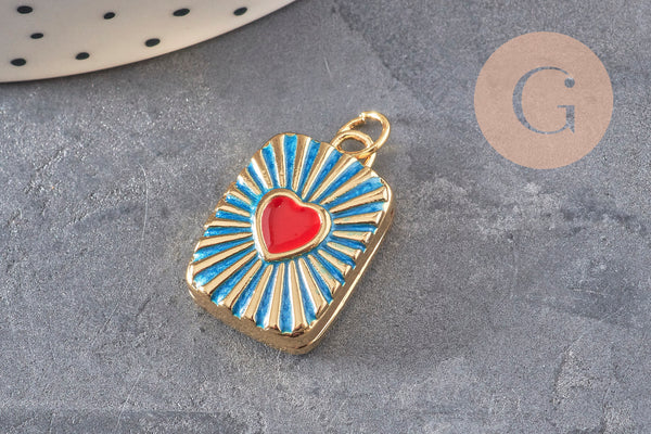 Pendentif locket rectangle cœur porte-photo laiton doré 18K émaillé 26mm, x1 (G11146)