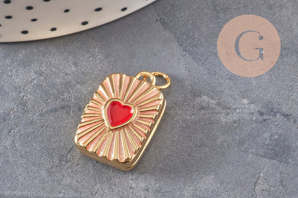 Pendentif locket rectangle cœur porte-photo laiton doré 18K émaillé 26mm, x1 (G11146)