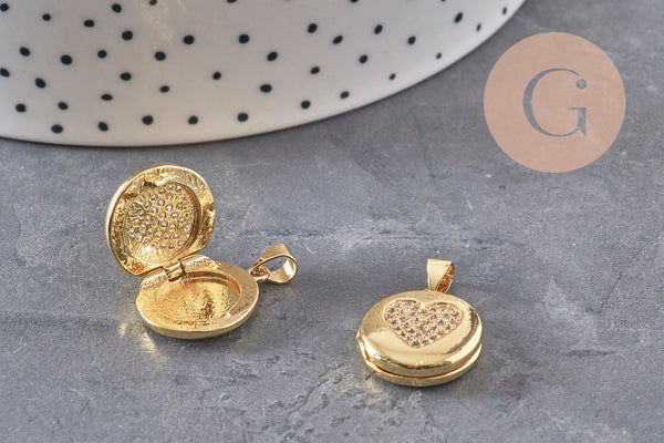 Pendentif locket rond laiton doré 18K coeur zircons 23mm, x1 (G11137)