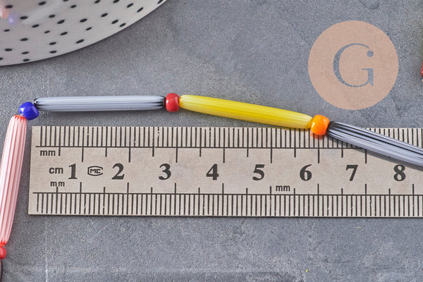 Perles tube verre millefiori artisanal 28mm, x1 fil de 40cm (G11114)