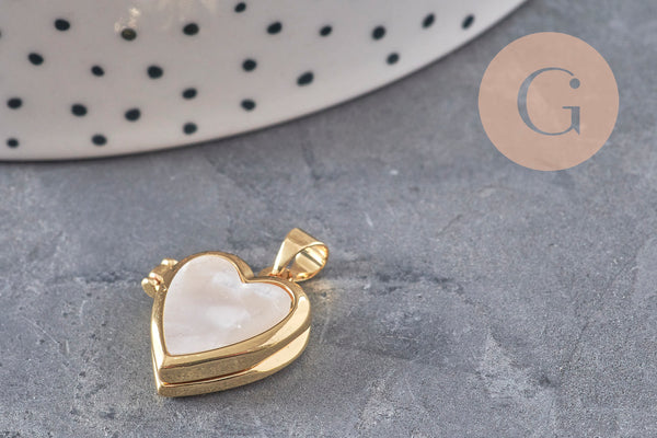 Pendentif locket rond laiton doré 18K coeur nacre naturelle 18.5mm, x1 (G11136)