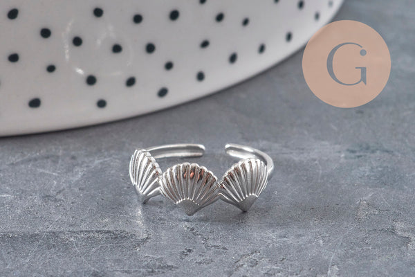 Bague réglable coquillages acier platine 304 inoxydable, x1 (G11151) VALIDE