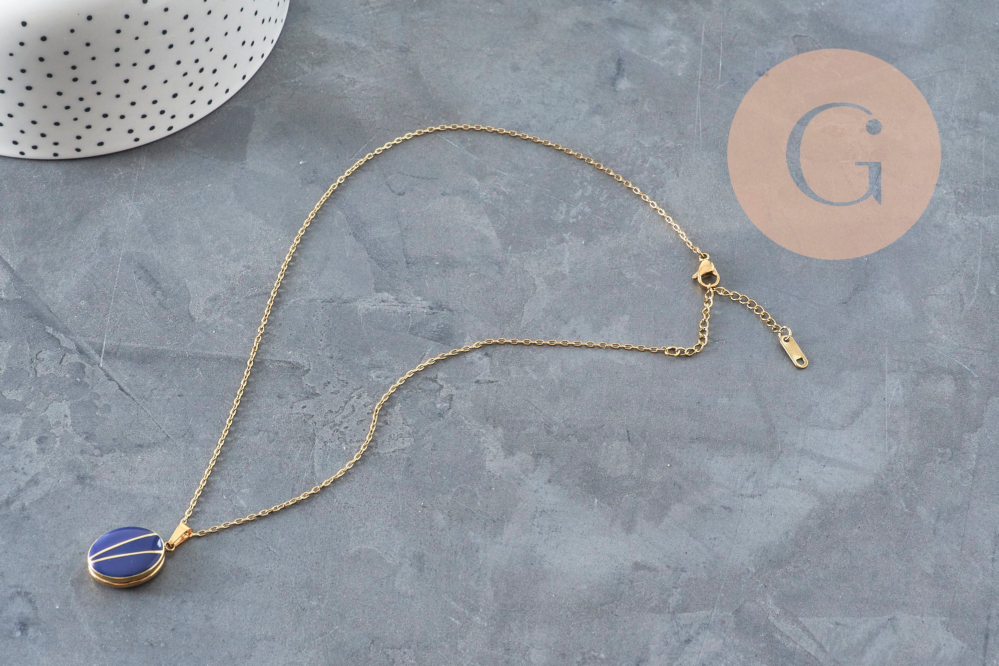 Collier pendentif locket bleu personnalisable acier 304 inoxydable doré, x1 (G11162)