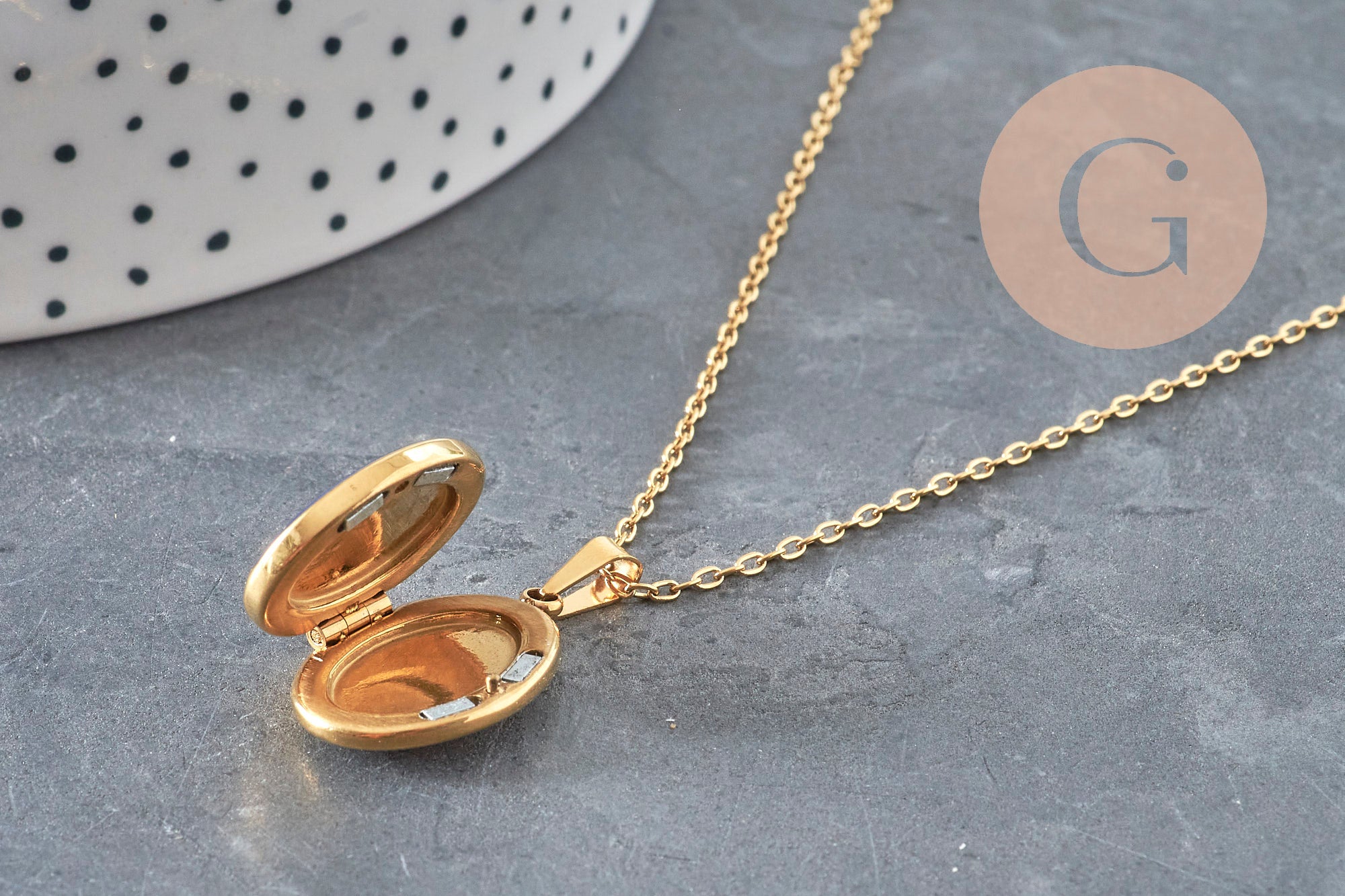 Collier pendentif locket bleu personnalisable acier 304 inoxydable doré, x1 (G11162)