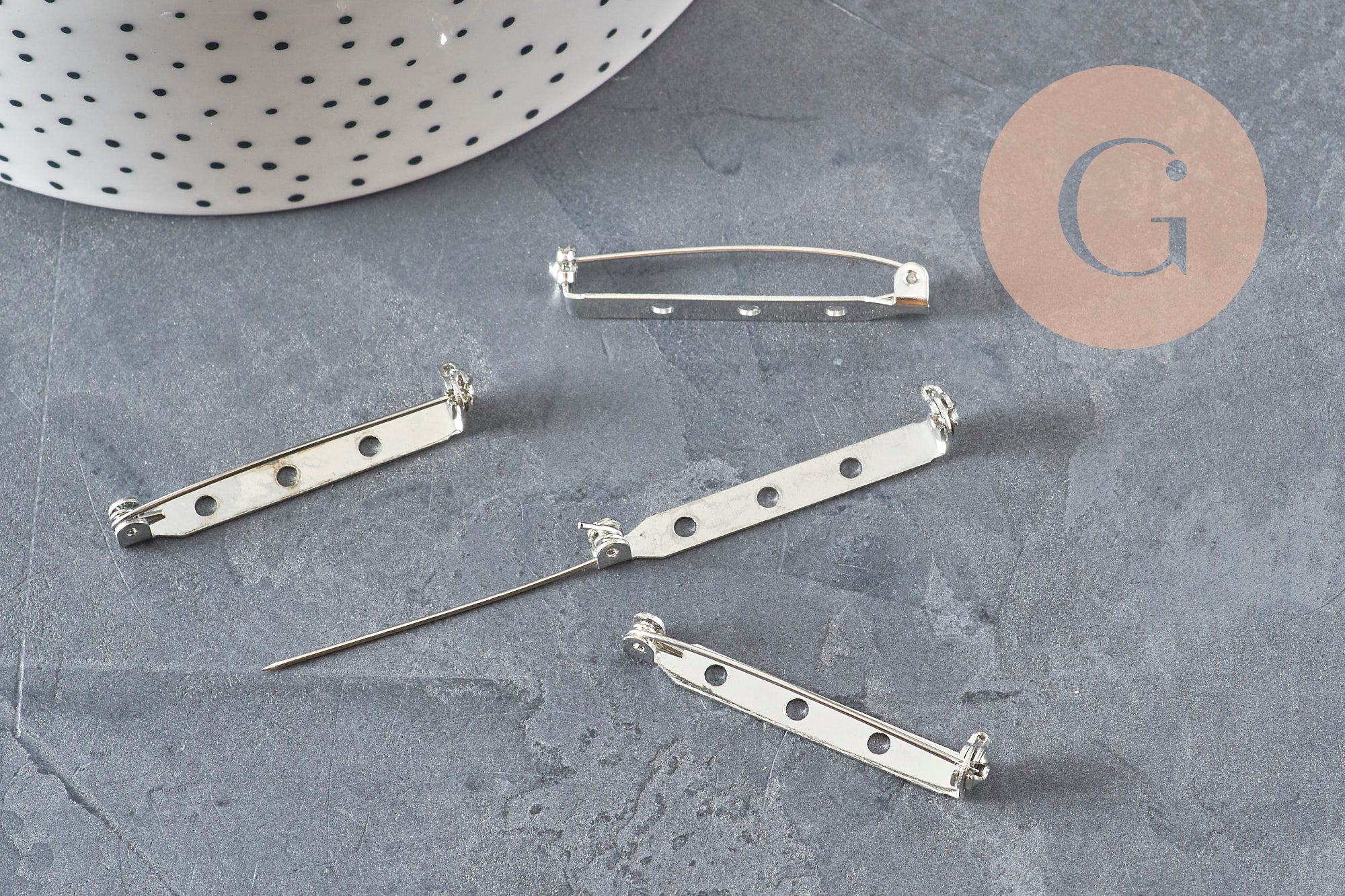 Platinum-plated flat iron pin brooch base 39.5mm, x5 (G11209)