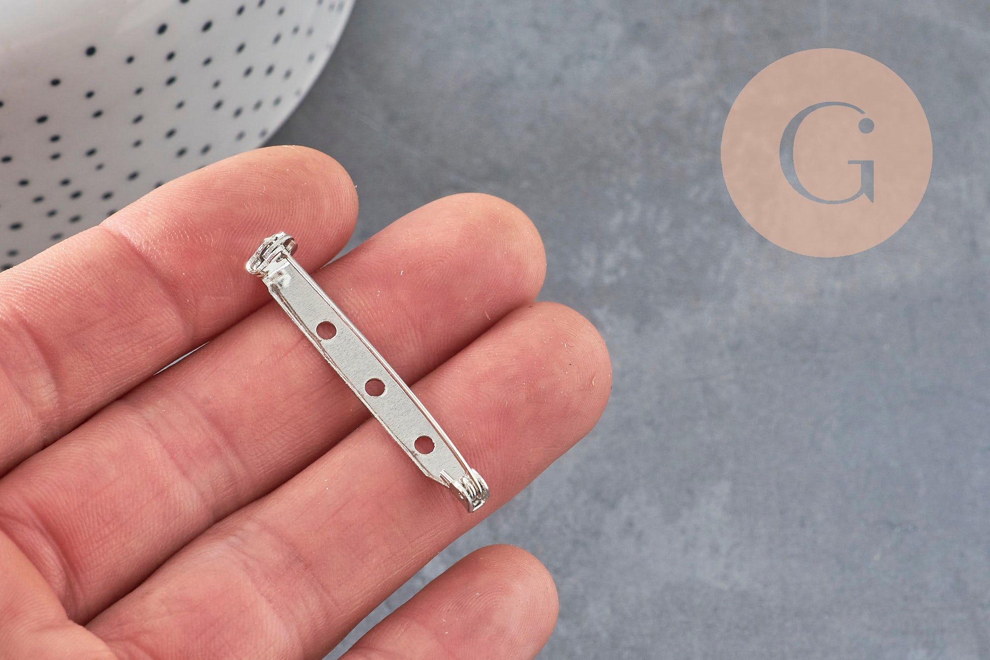 Platinum-plated flat iron pin brooch base 39.5mm, x5 (G11209)