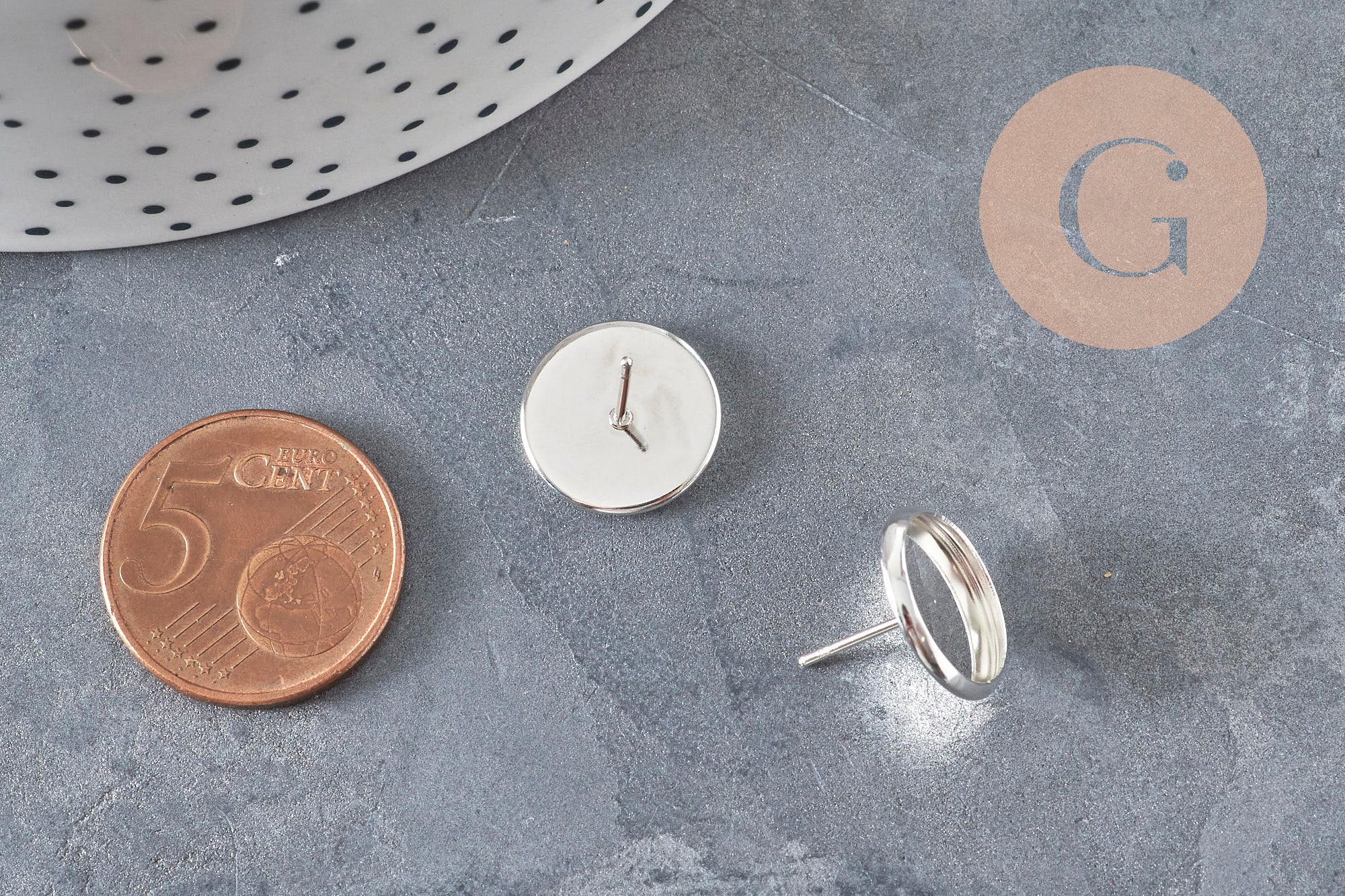 Earring studs, round cabochon setting, 12mm, 304 stainless steel, silver-plated, x10 (G11214)