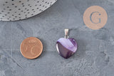 Colgante corazón ágata natural violeta acero plateado 23mm, x1 VÁLIDO