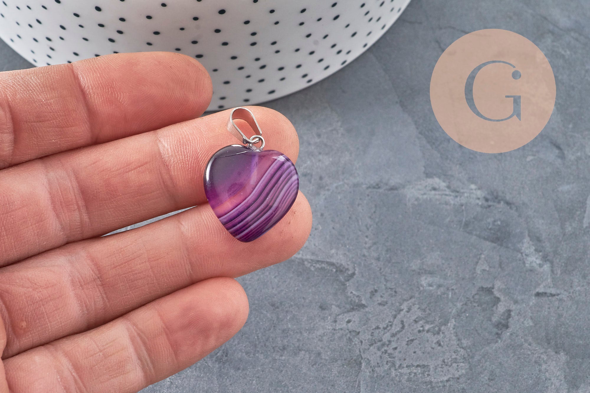 Colgante corazón ágata natural violeta acero plateado 23mm, x1 VÁLIDO