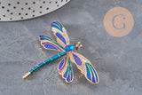 Broche pin Libélula insecto alado zamac dorado azul 74x50mm, x1 VÁLIDO