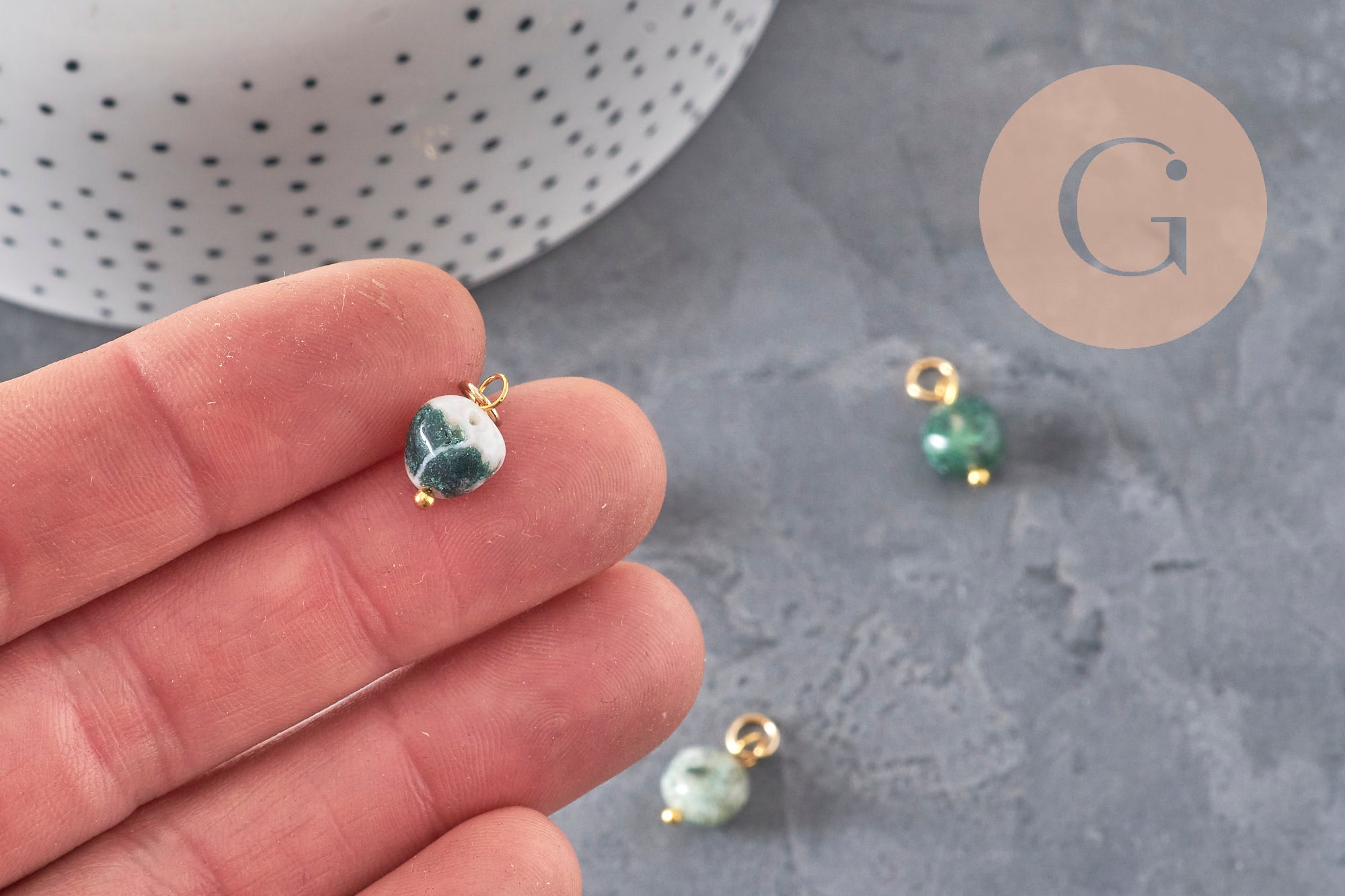 Nugget charm, natural green agate, 304 gold-plated stainless steel, 14mm, x1 VALID