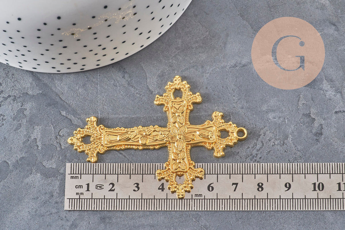 Colgante cruz zamak dorado flores 74mm, x1 VÁLIDO