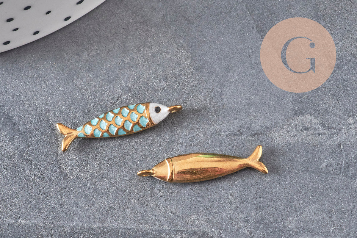 304 Stainless Steel Gold-Plated Turquoise Fish Pendant 25.5mm, x1 VALID