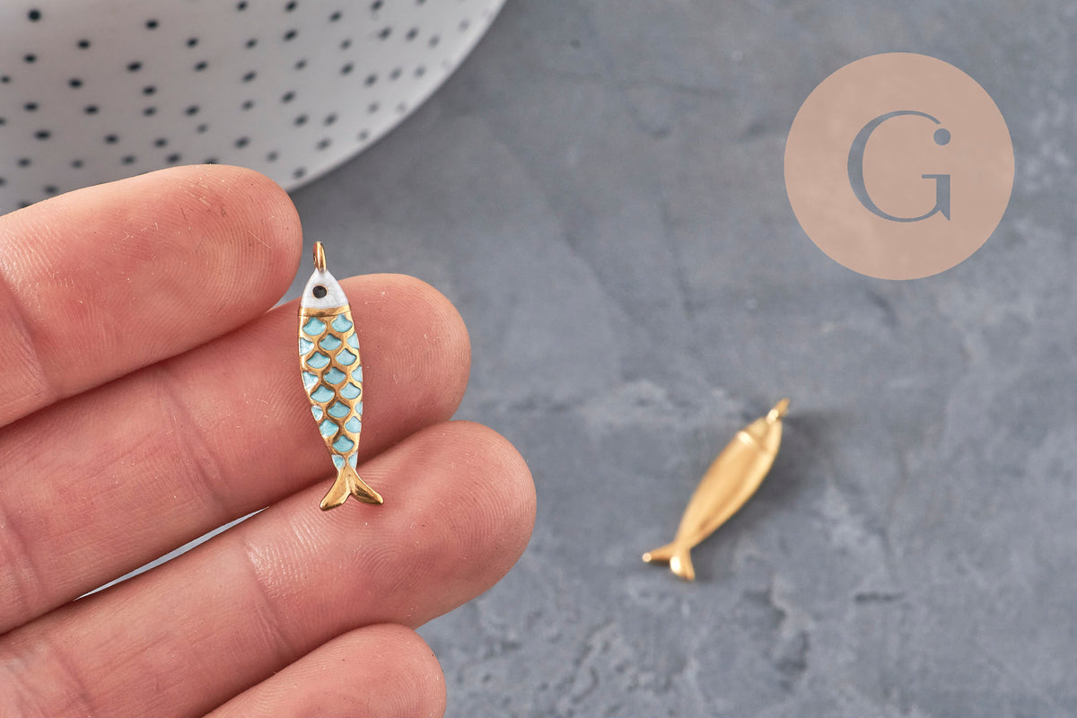 304 Stainless Steel Gold-Plated Turquoise Fish Pendant 25.5mm, x1 VALID
