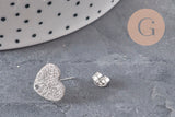 Pendientes de botón corazón acero inoxidable 304 plano arenado 1 agujero 13mm, el par VÁLIDO