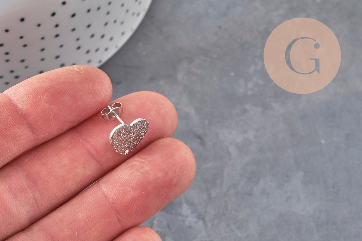 Pendientes de botón corazón acero inoxidable 304 plano arenado 1 agujero 13mm, el par VÁLIDO