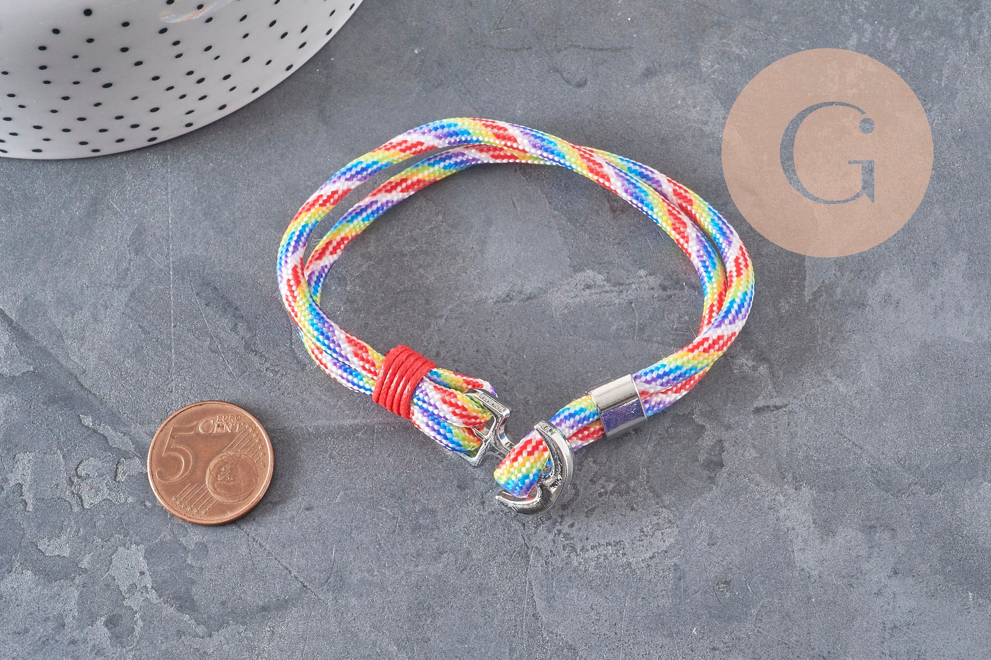 Adjustable polyester cord bracelet, platinum zamak anchor 21.5cm, x1 VALID
