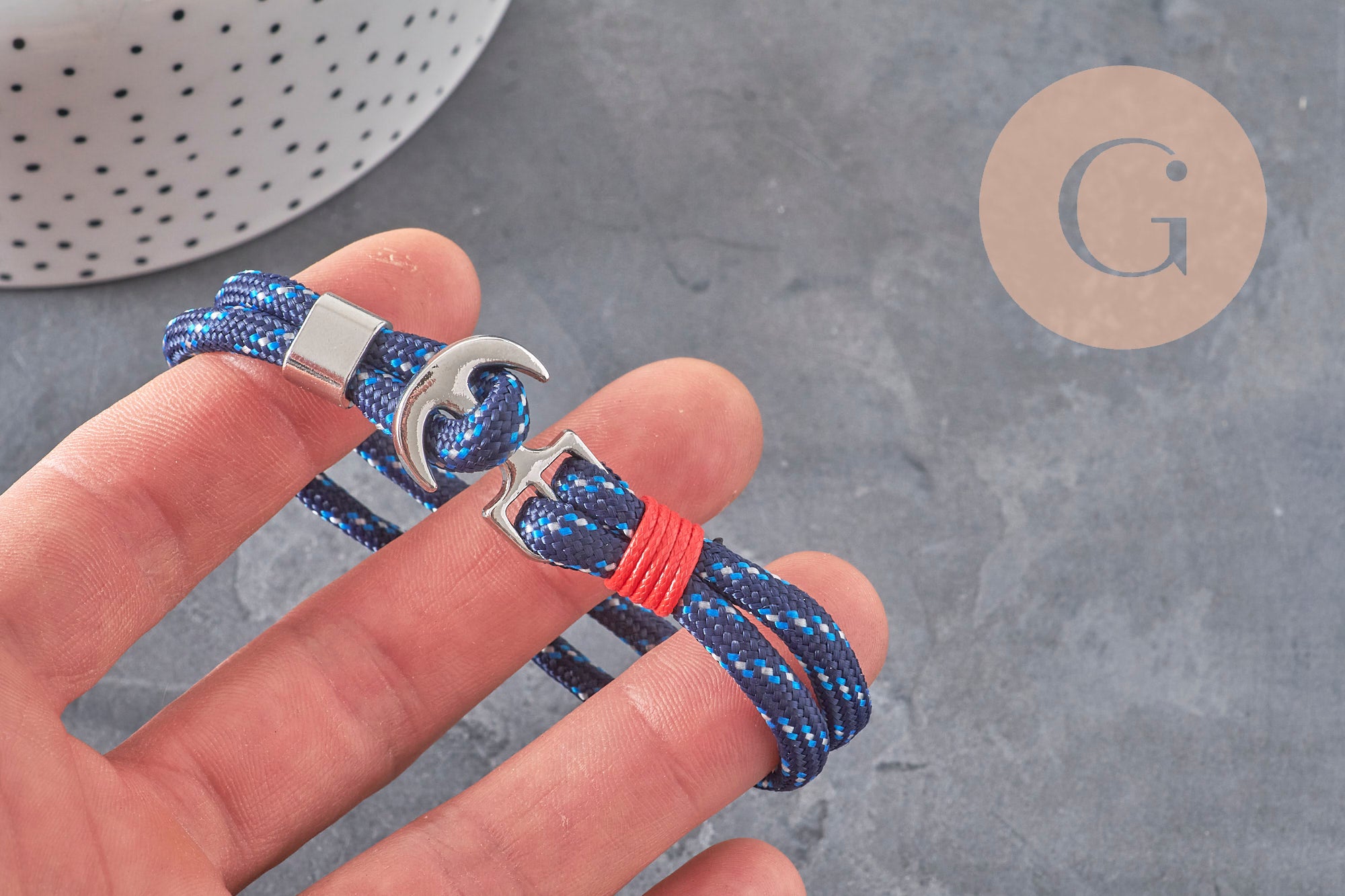 Adjustable polyester cord bracelet, platinum zamak anchor 21.5cm, x1 VALID