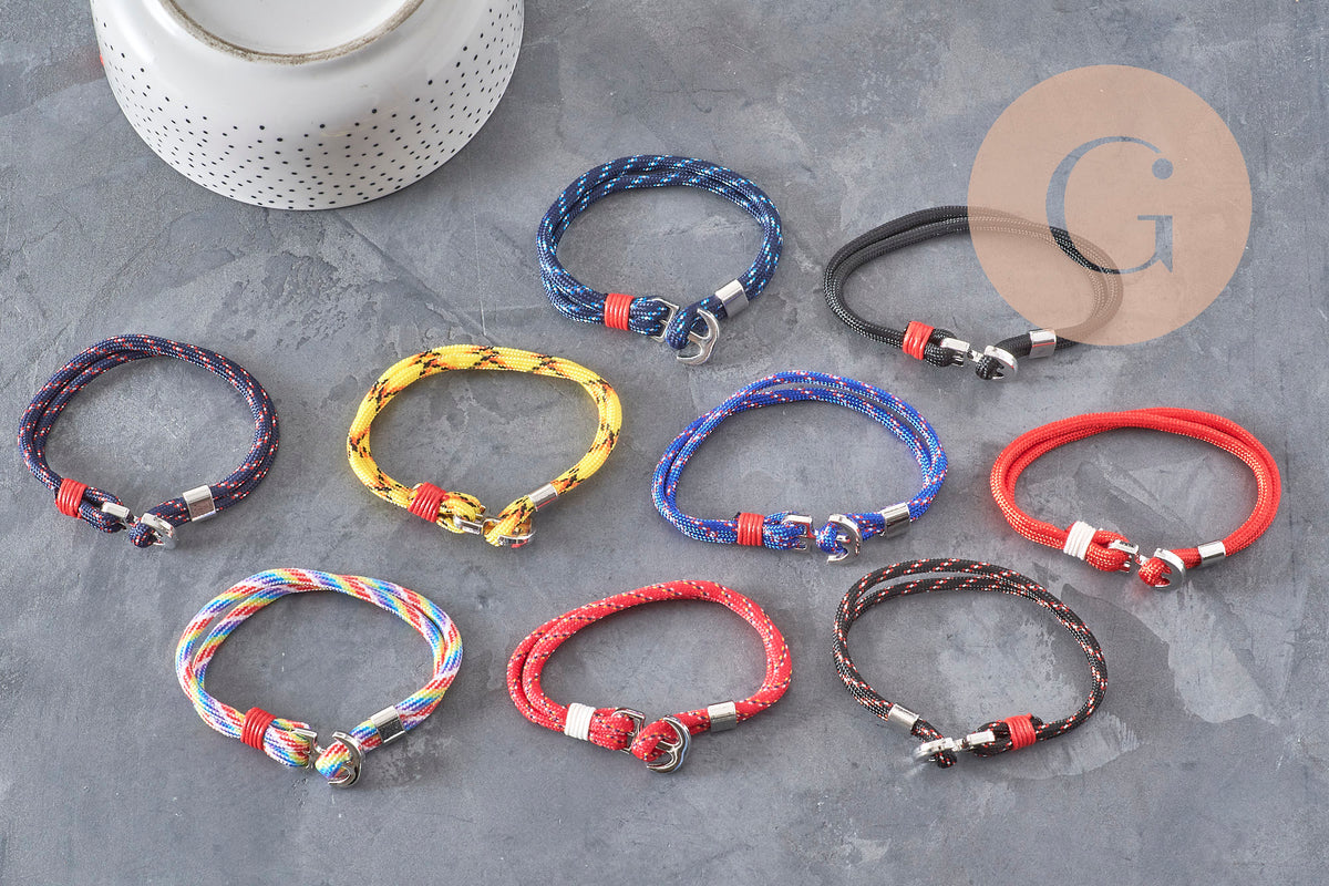Adjustable polyester cord bracelet, platinum zamak anchor 21.5cm, x1 VALID