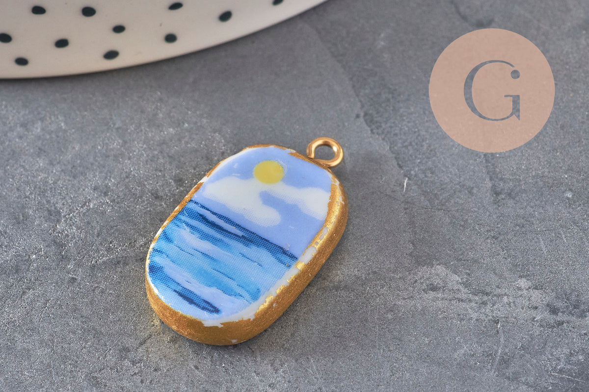 Pendentif ovale céramique acier inoxydable doré PVD 16mm, x1 (G11304) VALIDE-Breloques et pendentifs-Gingerlily Perles