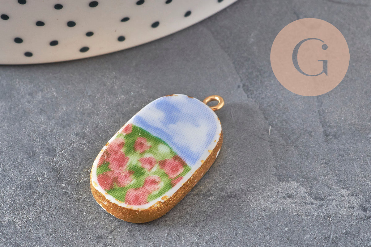 Pendentif ovale céramique acier inoxydable doré PVD 16mm, x1 (G11304) VALIDE-Breloques et pendentifs-Gingerlily Perles
