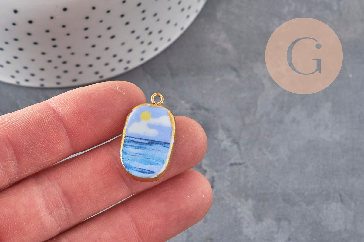 Pendentif ovale céramique acier inoxydable doré PVD 16mm, x1 (G11304) VALIDE-Breloques et pendentifs-Gingerlily Perles