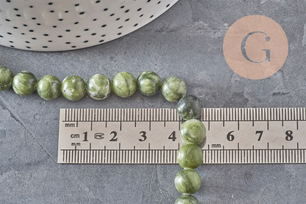 Perle jade vert olive ronde naturelle 8mm, x1 fil de 38cm (G11341)