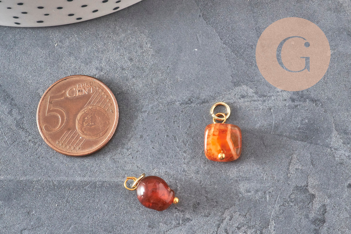 Breloque cube agate naturelle orange métal doré 18K 14.5mm, x1 (G11329)