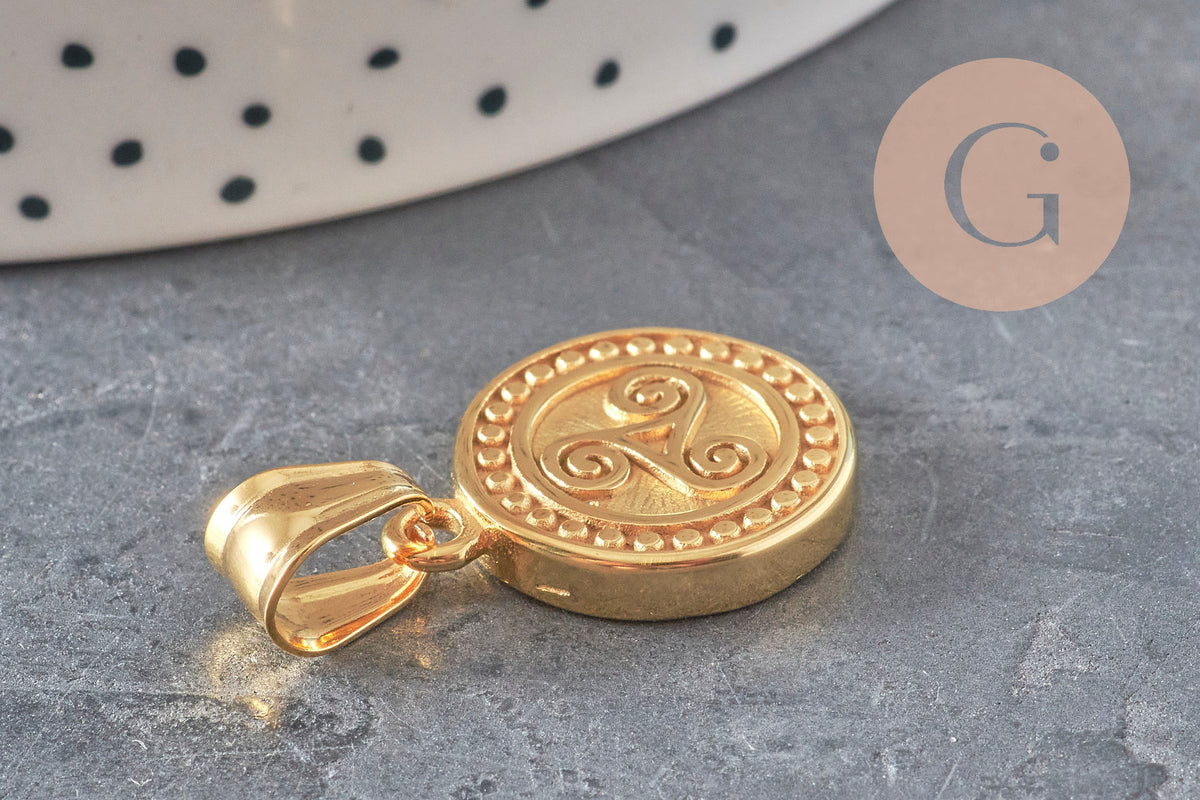 Pendentif médaille triskel acier 304 inoxydable doré IP 22.5mm, x1 (G11359)