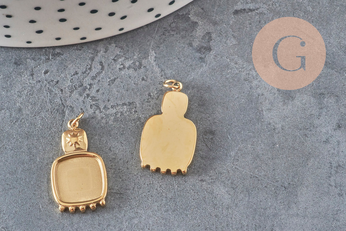 Pendentif carré cabochon 10mm acier inoxydable doré IP 21mm, x1-Breloques et pendentifs-Gingerlily Perles