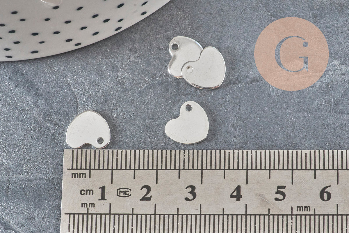 Pendentif médaille coeur acier inoxydable argenté 10.5mm, x10 (G11347)