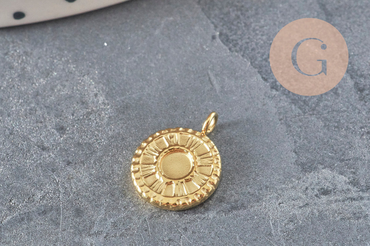 Round sun pendant 304 stainless steel 14K IP gold-plated 12.5mm, x1 (G8774)