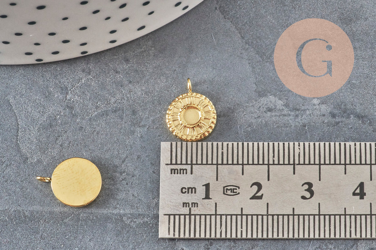Round sun pendant 304 stainless steel 14K IP gold-plated 12.5mm, x1 (G8774)