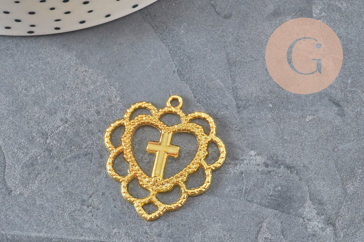 Pendentif coeur croix dentelé zamac doré 31mm, x1 (G11356)