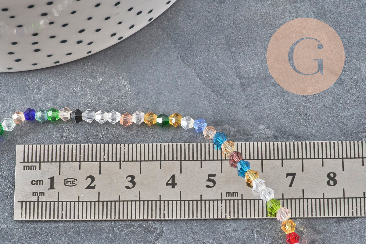 Perles toupies cristal à facette multicolore 3.8x3mm, x1 fil de 32.5cm (G11344)
